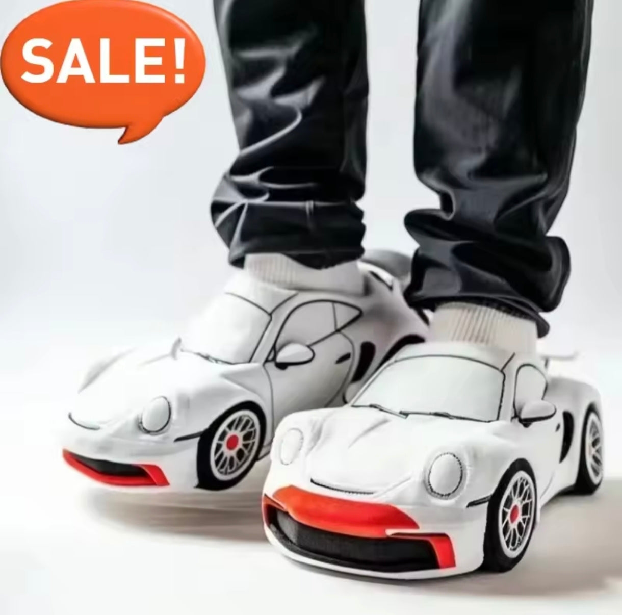Plush slippers in the shape of a BMW and Porsche.